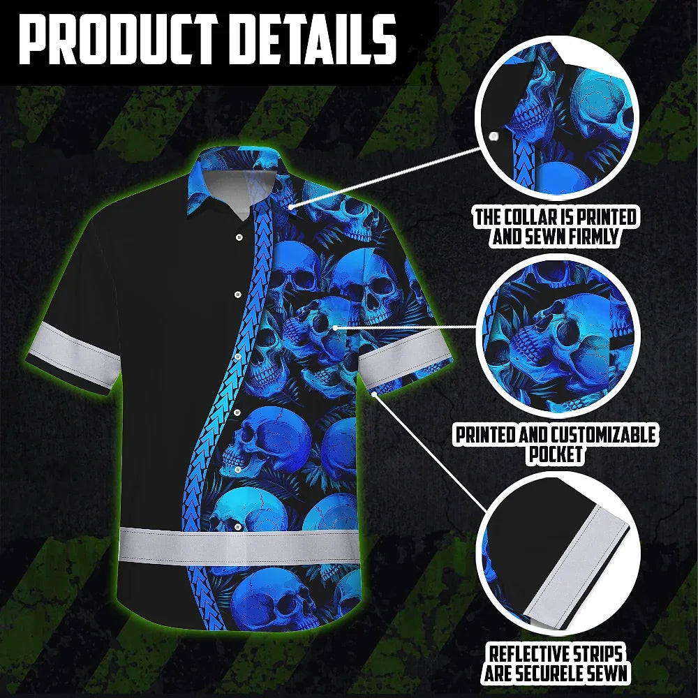 Hi Vis Hawaiian Shirt Reflective Tapes Gradient Blue Neon Skull Custom Name Safety Workwear For Workers, Truckers, Operators