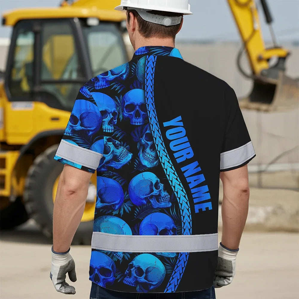 Hi Vis Hawaiian Shirt Reflective Tapes Gradient Blue Neon Skull Custom Name Safety Workwear For Workers, Truckers, Operators