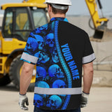 Hi Vis Hawaiian Shirt Reflective Tapes Gradient Blue Neon Skull Custom Name Safety Workwear For Workers, Truckers, Operators