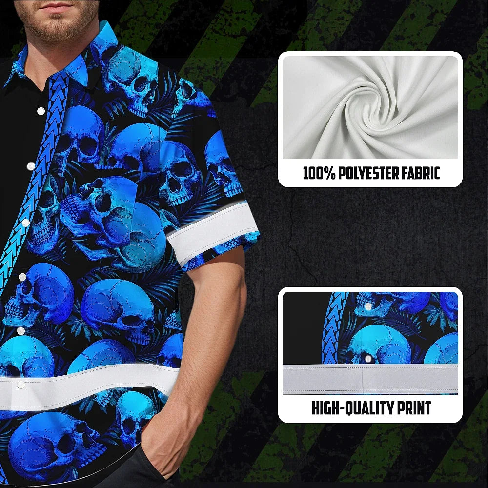 Hi Vis Hawaiian Shirt Reflective Tapes Gradient Blue Neon Skull Custom Name Safety Workwear For Workers, Truckers, Operators