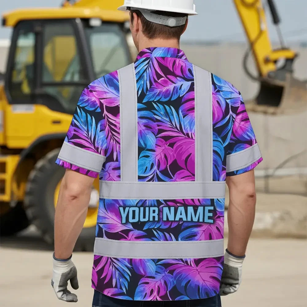 Hi Vis Hawaiian Shirt Reflective Tapes Gradient Blue Violet Custom Name Safety Workwear For Workers, Truckers, Operators