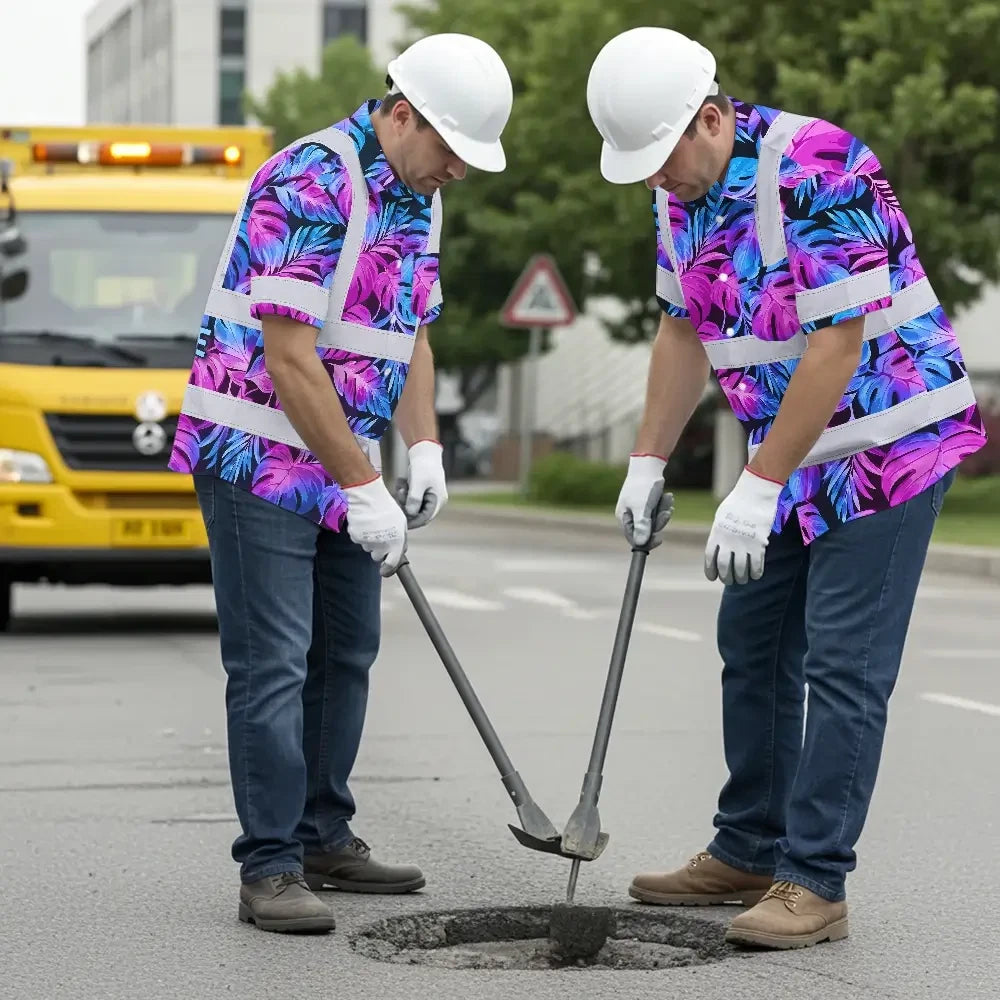 Hi Vis Hawaiian Shirt Reflective Tapes Gradient Blue Violet Custom Name Safety Workwear For Workers, Truckers, Operators