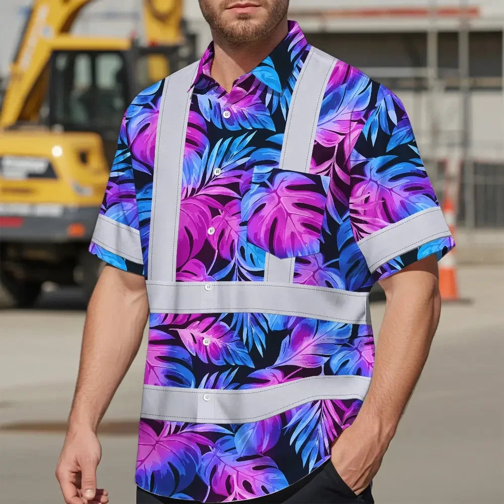 Hi Vis Hawaiian Shirt Reflective Tapes Gradient Blue Violet Custom Name Safety Workwear For Workers, Truckers, Operators