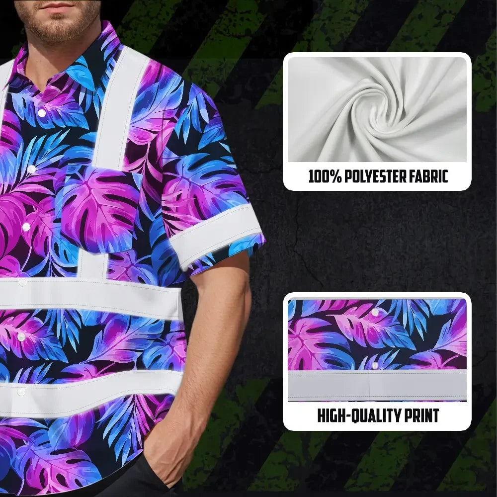 Hi Vis Hawaiian Shirt Reflective Tapes Gradient Blue Violet Custom Name Safety Workwear For Workers, Truckers, Operators