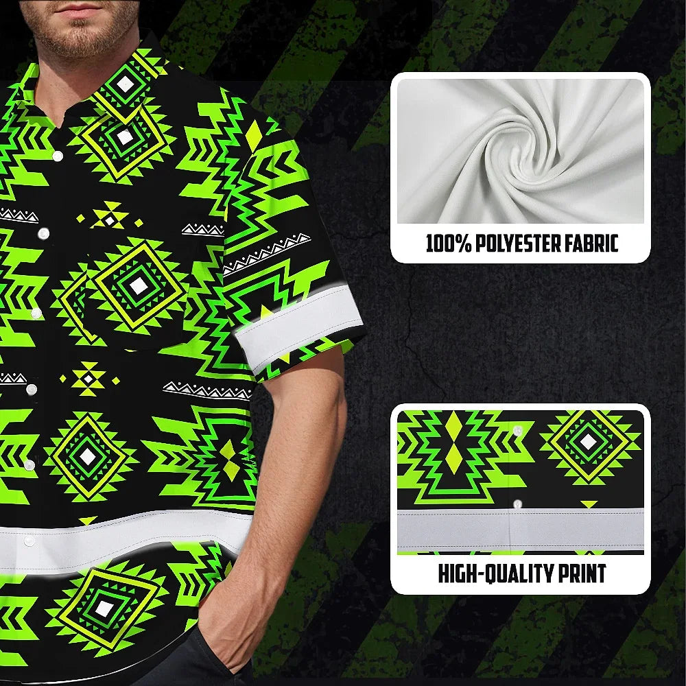 Hi Vis Hawaiian Shirt Reflective Tapes Gradient Green Native Custom Name Safety Workwear For Workers, Truckers, Operators