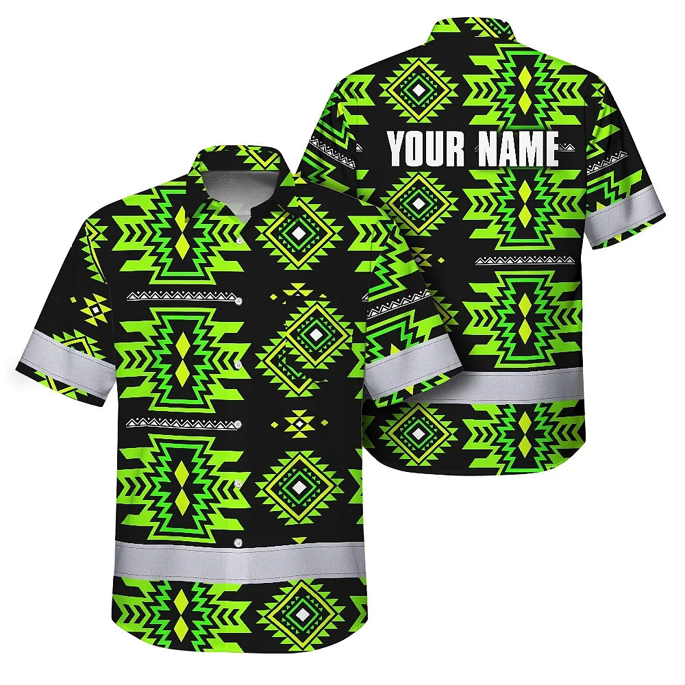 Hi Vis Hawaiian Shirt Reflective Tapes Gradient Green Native Custom Name Safety Workwear For Workers, Truckers, Operators