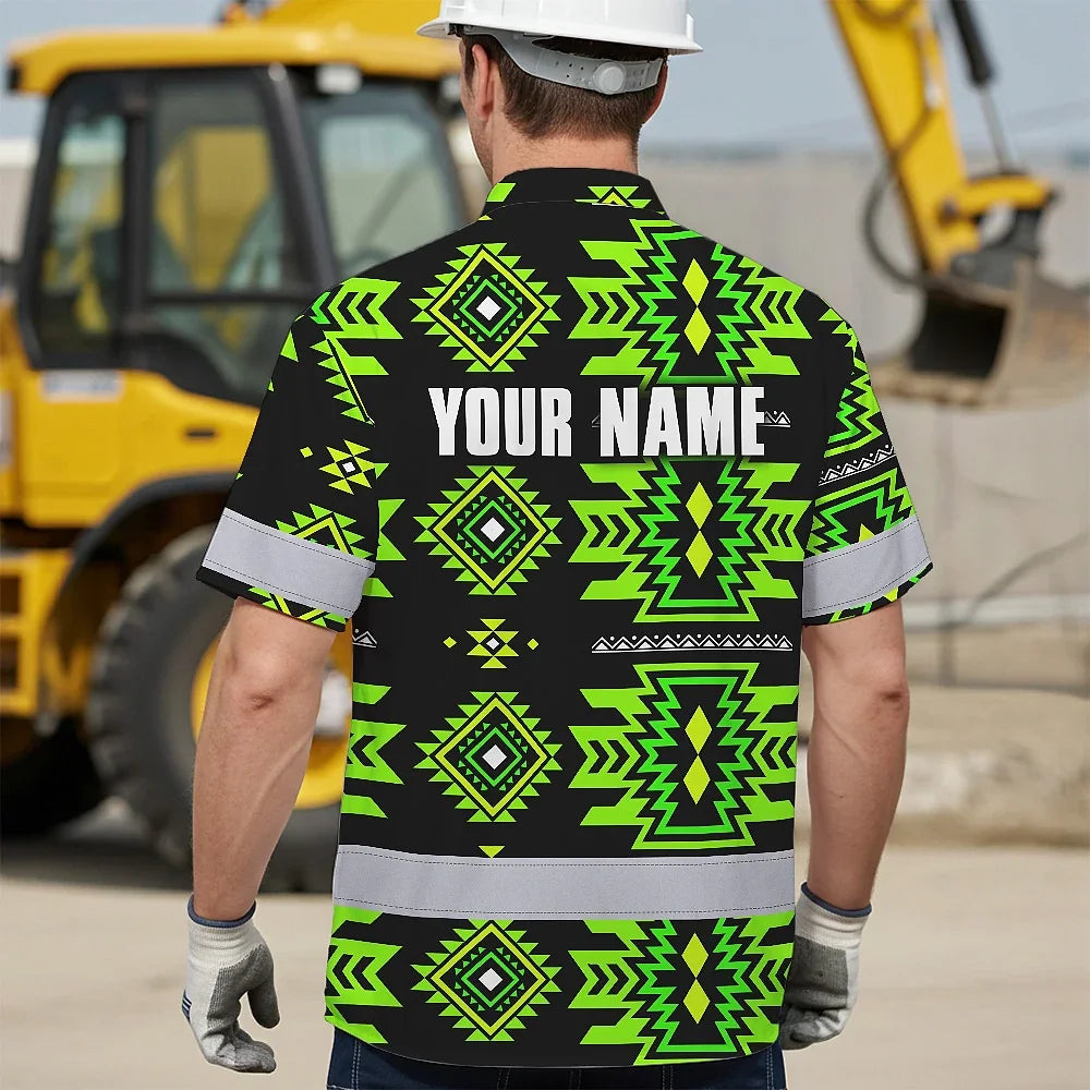 Hi Vis Hawaiian Shirt Reflective Tapes Gradient Green Native Custom Name Safety Workwear For Workers, Truckers, Operators