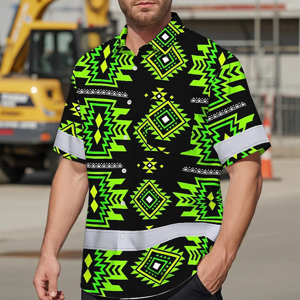 Hi Vis Hawaiian Shirt Reflective Tapes Gradient Green Native Custom Name Safety Workwear For Workers, Truckers, Operators
