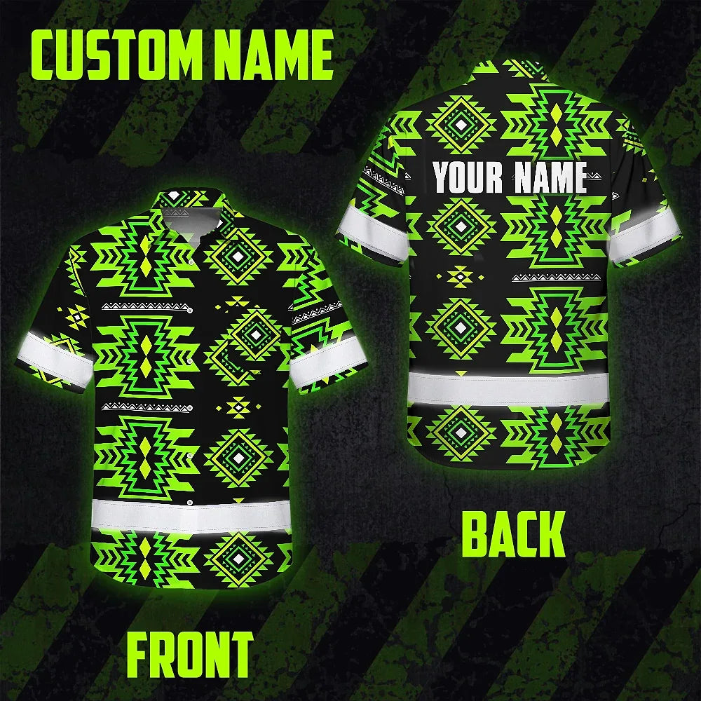 Hi Vis Hawaiian Shirt Reflective Tapes Gradient Green Native Custom Name Safety Workwear For Workers, Truckers, Operators