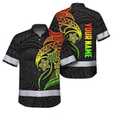 Hi Vis Hawaiian Shirt Reflective Tapes Gradient Green Orange Polynesian Tribal Custom Name Safety Workwear For Workers, Truckers, Operators