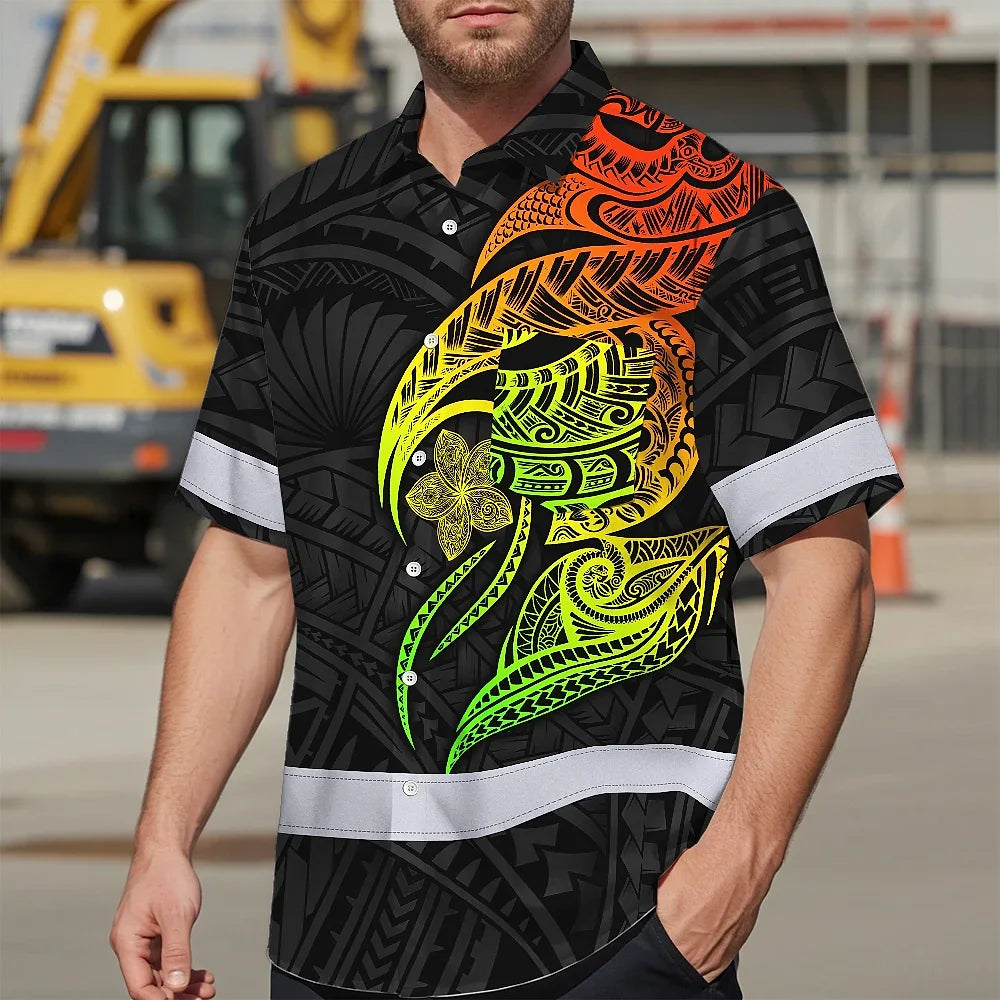 Hi Vis Hawaiian Shirt Reflective Tapes Gradient Green Orange Polynesian Tribal Custom Name Safety Workwear For Workers, Truckers, Operators