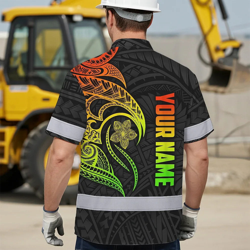 Hi Vis Hawaiian Shirt Reflective Tapes Gradient Green Orange Polynesian Tribal Custom Name Safety Workwear For Workers, Truckers, Operators