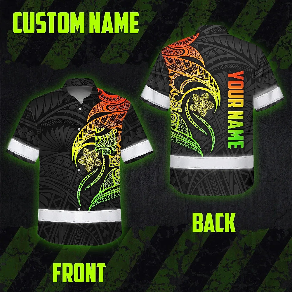 Hi Vis Hawaiian Shirt Reflective Tapes Gradient Green Orange Polynesian Tribal Custom Name Safety Workwear For Workers, Truckers, Operators