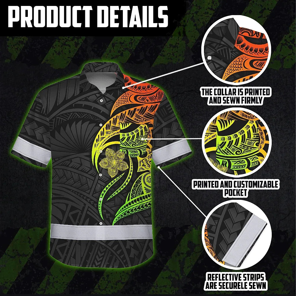 Hi Vis Hawaiian Shirt Reflective Tapes Gradient Green Orange Polynesian Tribal Custom Name Safety Workwear For Workers, Truckers, Operators
