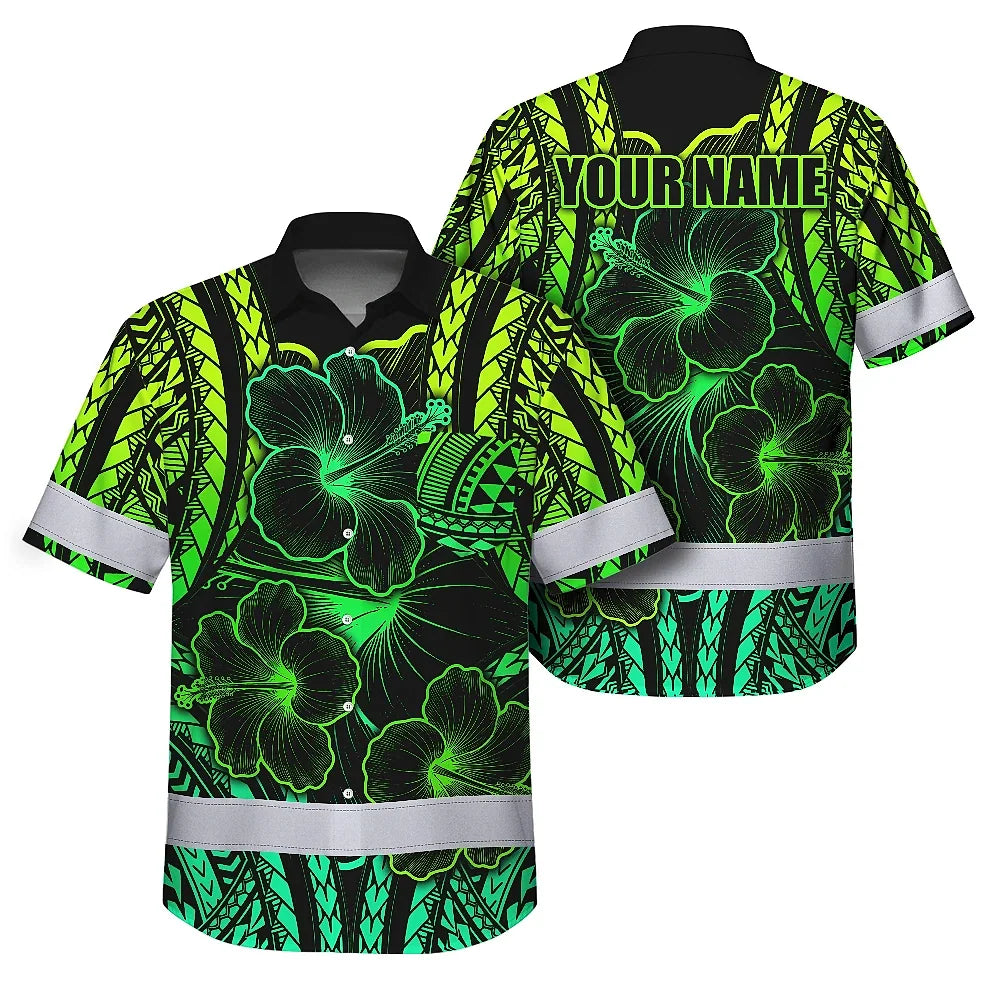 Hi Vis Hawaiian Shirt Reflective Tapes Gradient Green Polynesian Custom Name Safety Workwear For Workers, Truckers, Operators
