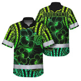 Hi Vis Hawaiian Shirt Reflective Tapes Gradient Green Polynesian Custom Name Safety Workwear For Workers, Truckers, Operators