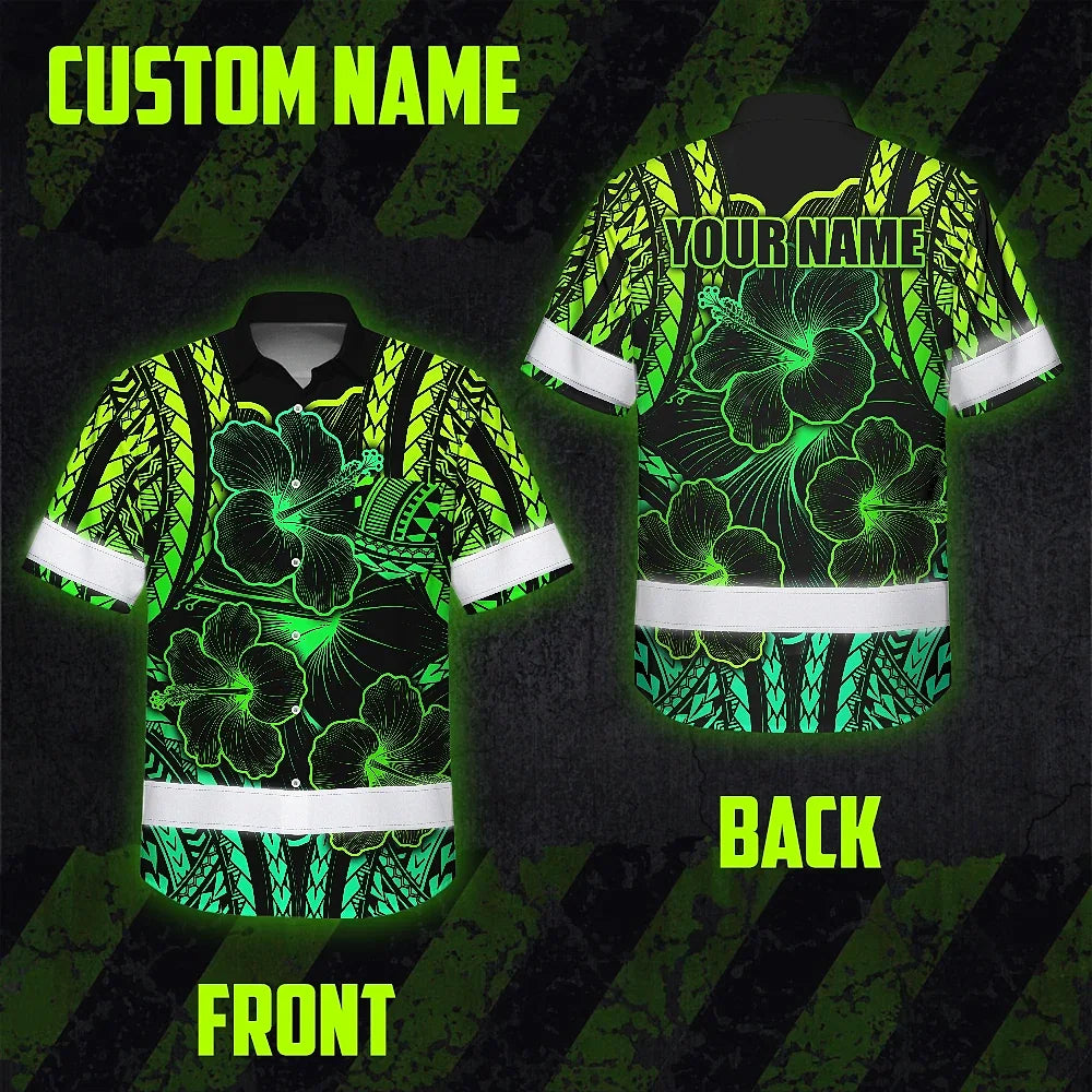 Hi Vis Hawaiian Shirt Reflective Tapes Gradient Green Polynesian Custom Name Safety Workwear For Workers, Truckers, Operators