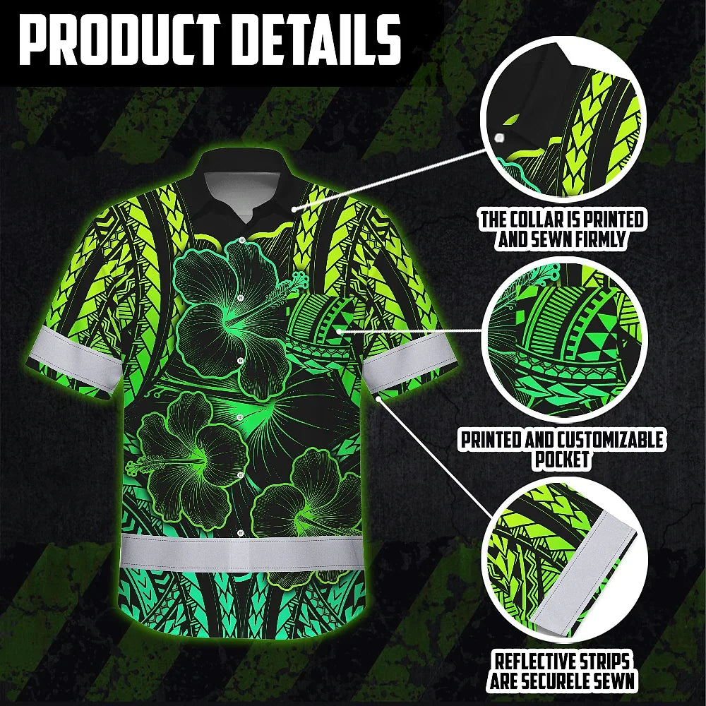 Hi Vis Hawaiian Shirt Reflective Tapes Gradient Green Polynesian Custom Name Safety Workwear For Workers, Truckers, Operators