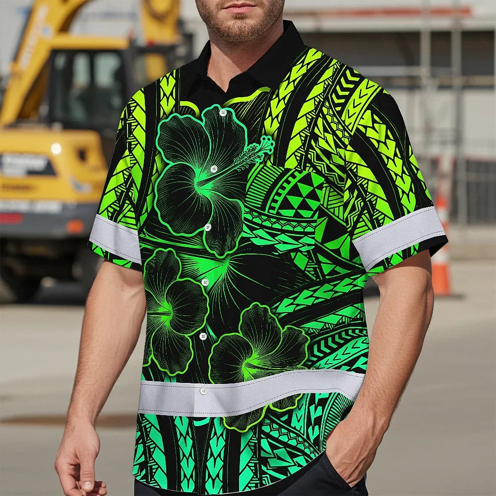 Hi Vis Hawaiian Shirt Reflective Tapes Gradient Green Polynesian Custom Name Safety Workwear For Workers, Truckers, Operators