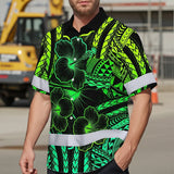 Hi Vis Hawaiian Shirt Reflective Tapes Gradient Green Polynesian Custom Name Safety Workwear For Workers, Truckers, Operators