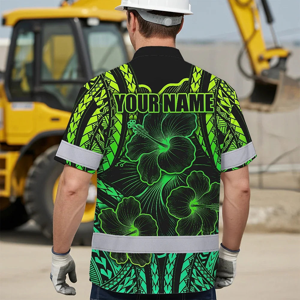 Hi Vis Hawaiian Shirt Reflective Tapes Gradient Green Polynesian Custom Name Safety Workwear For Workers, Truckers, Operators