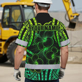 Hi Vis Hawaiian Shirt Reflective Tapes Gradient Green Polynesian Custom Name Safety Workwear For Workers, Truckers, Operators