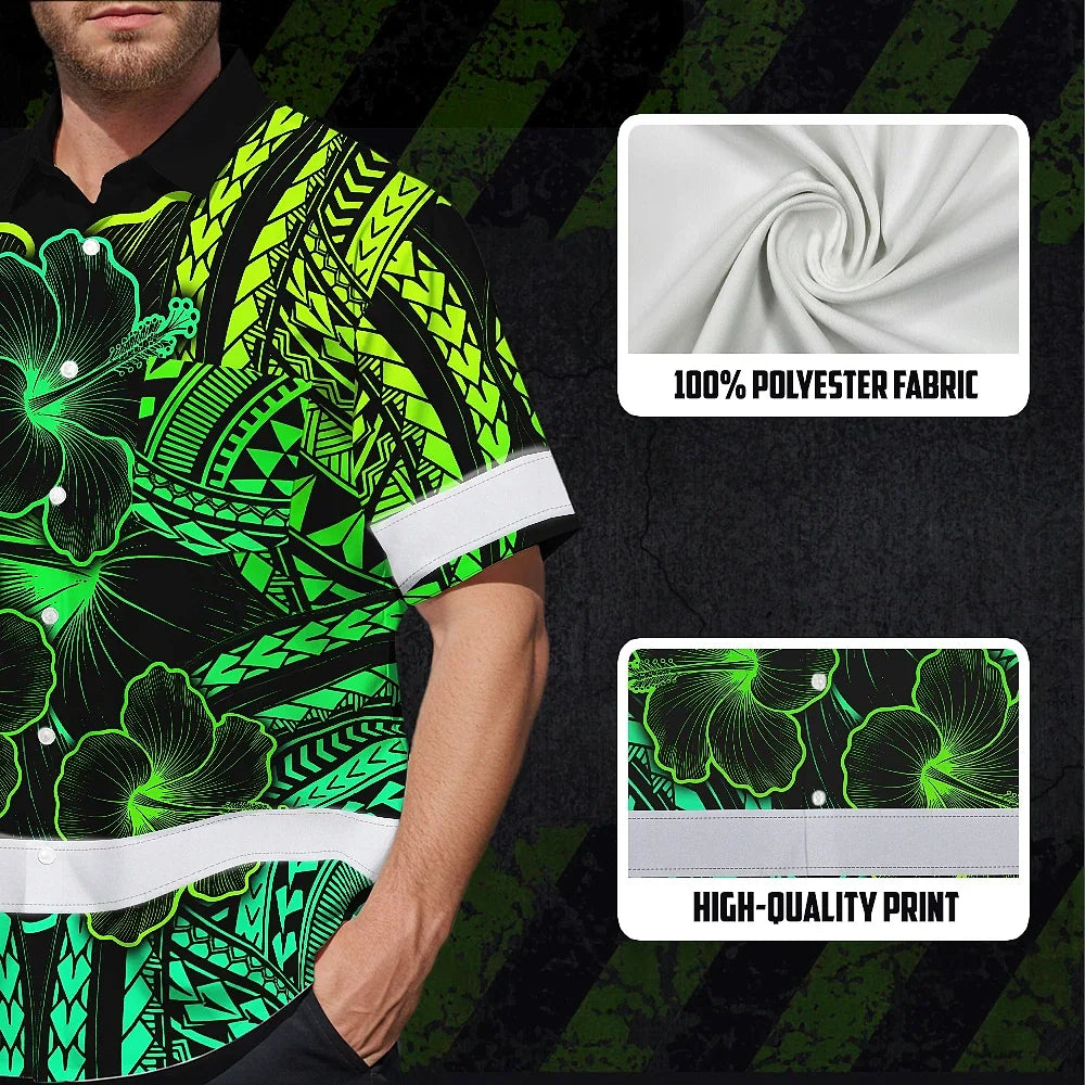 Hi Vis Hawaiian Shirt Reflective Tapes Gradient Green Polynesian Custom Name Safety Workwear For Workers, Truckers, Operators