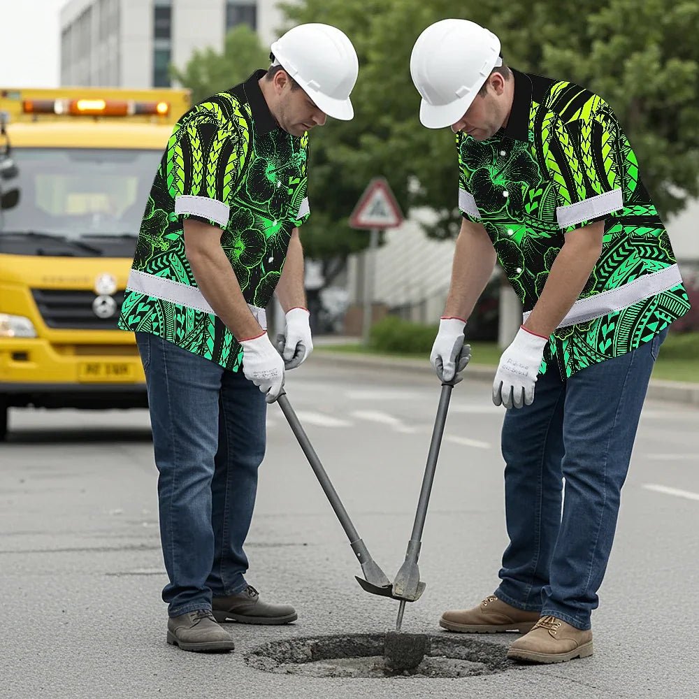 Hi Vis Hawaiian Shirt Reflective Tapes Gradient Green Polynesian Custom Name Safety Workwear For Workers, Truckers, Operators