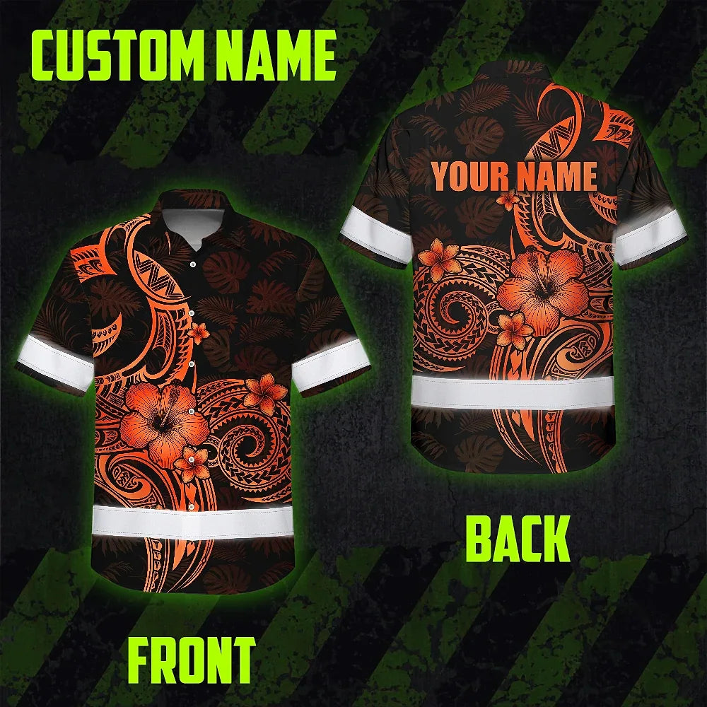 Hi Vis Hawaiian Shirt Reflective Tapes Gradient Orange Yellow Neon Polynesian Custom Name Safety Workwear For Workers, Truckers, Operators