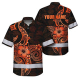 Hi Vis Hawaiian Shirt Reflective Tapes Gradient Orange Yellow Neon Polynesian Custom Name Safety Workwear For Workers, Truckers, Operators