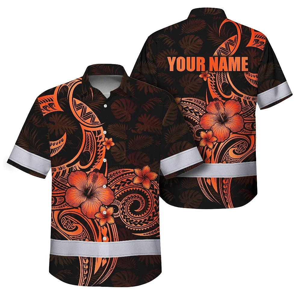 Hi Vis Hawaiian Shirt Reflective Tapes Gradient Orange Yellow Neon Polynesian Custom Name Safety Workwear For Workers, Truckers, Operators