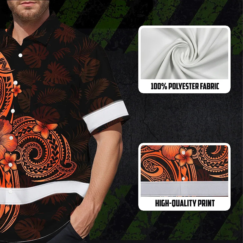Hi Vis Hawaiian Shirt Reflective Tapes Gradient Orange Yellow Neon Polynesian Custom Name Safety Workwear For Workers, Truckers, Operators