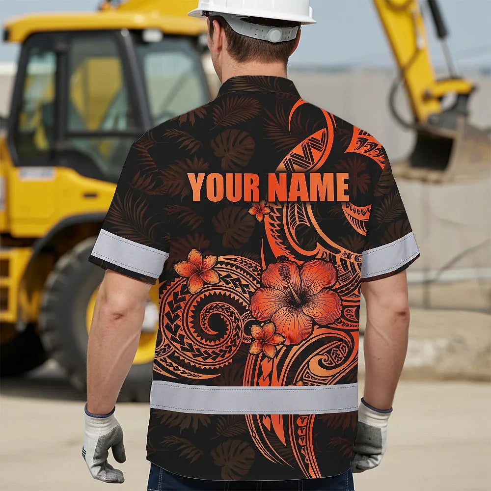 Hi Vis Hawaiian Shirt Reflective Tapes Gradient Orange Yellow Neon Polynesian Custom Name Safety Workwear For Workers, Truckers, Operators