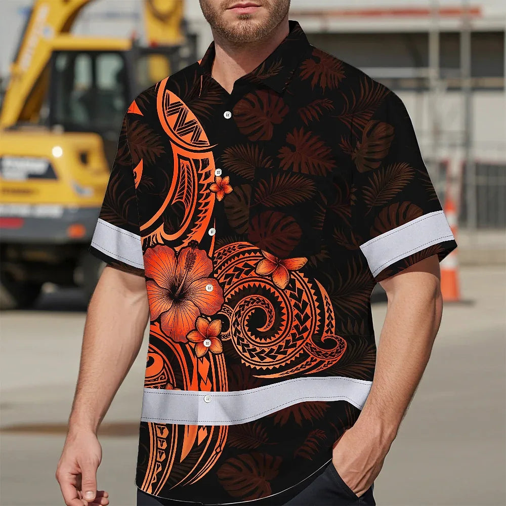 Hi Vis Hawaiian Shirt Reflective Tapes Gradient Orange Yellow Neon Polynesian Custom Name Safety Workwear For Workers, Truckers, Operators