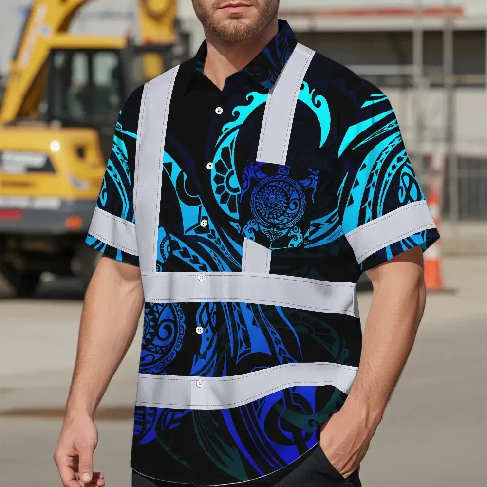 Hi Vis Hawaiian Shirt Reflective Tapes Gradient Turtle Hawaiian Polynesian Tribal Custom Name