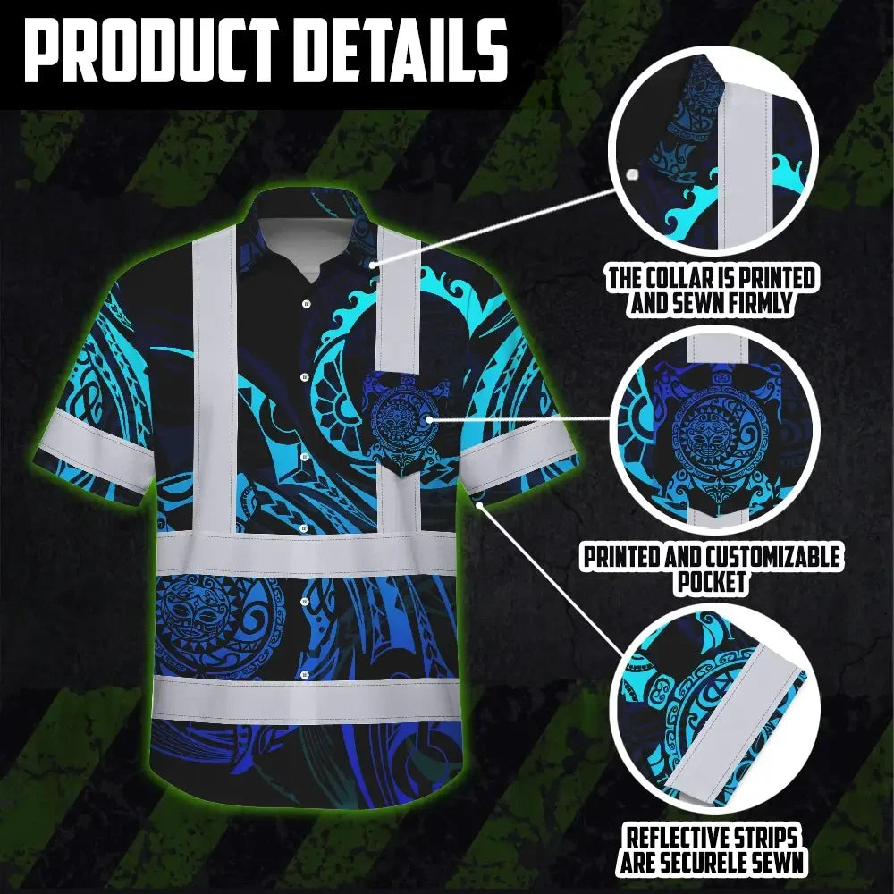 Hi Vis Hawaiian Shirt Reflective Tapes Gradient Turtle Hawaiian Polynesian Tribal Custom Name