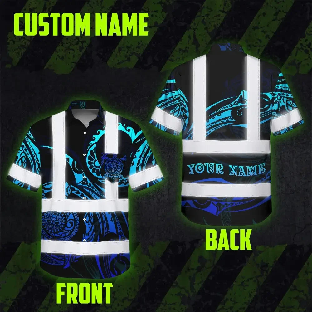 Hi Vis Hawaiian Shirt Reflective Tapes Gradient Turtle Hawaiian Polynesian Tribal Custom Name
