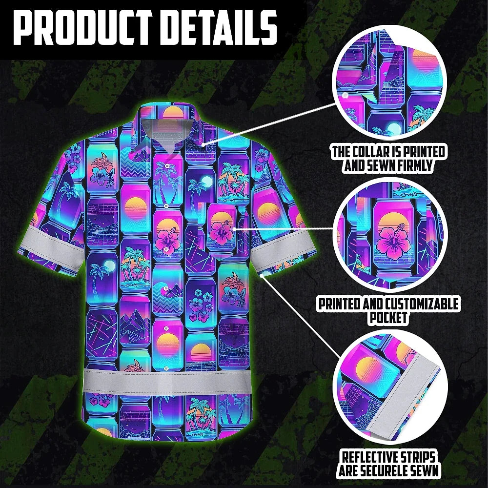 Hi Vis Hawaiian Shirt Reflective Tapes Gradient Violet Drink Tropical Cocktail Beer Print Custom Name Safety Workwear For Workers, Truckers, Operators