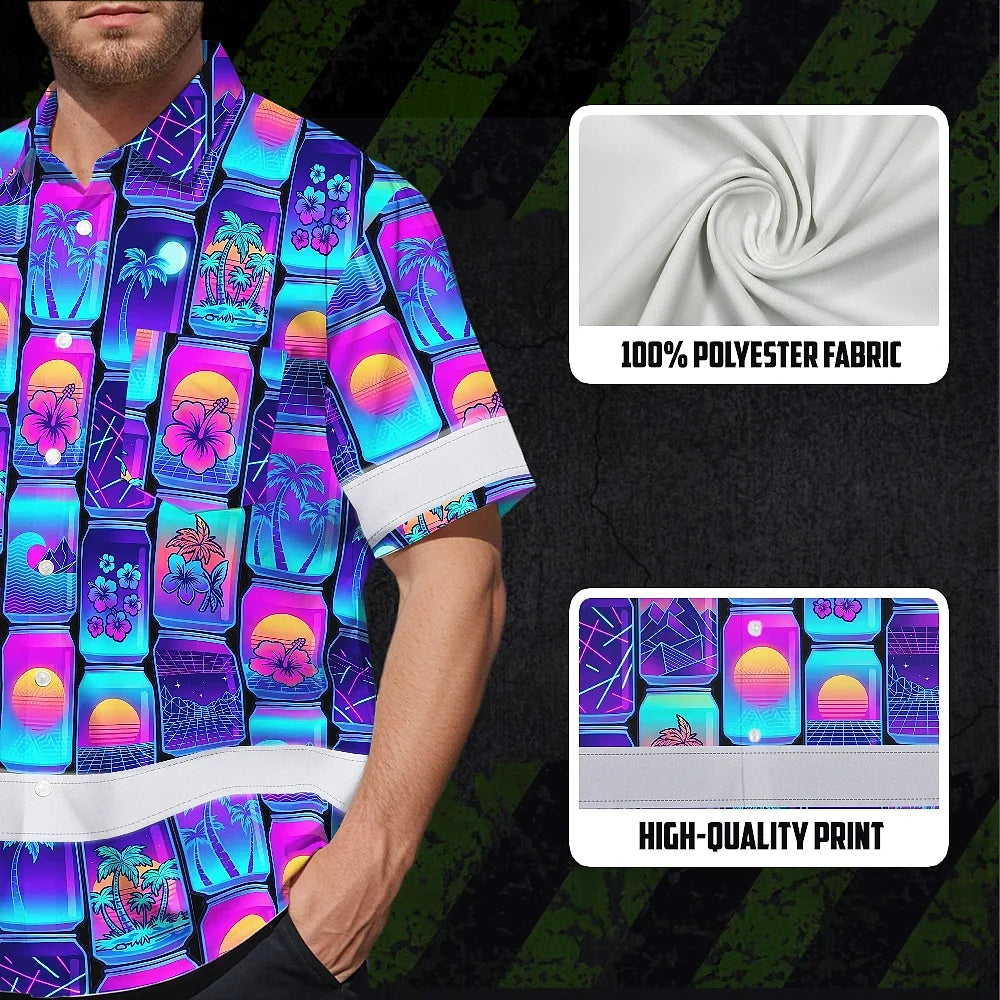 Hi Vis Hawaiian Shirt Reflective Tapes Gradient Violet Drink Tropical Cocktail Beer Print Custom Name Safety Workwear For Workers, Truckers, Operators