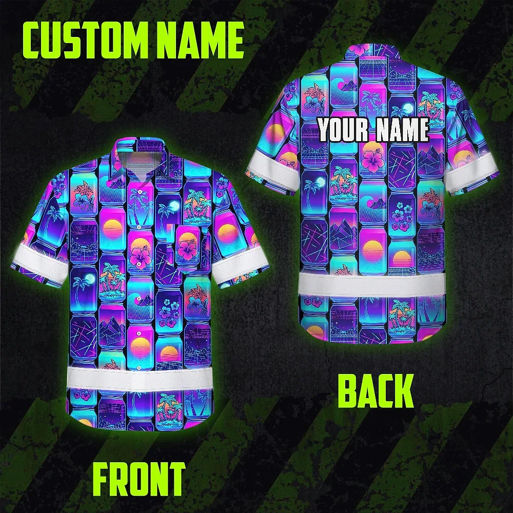 Hi Vis Hawaiian Shirt Reflective Tapes Gradient Violet Drink Tropical Cocktail Beer Print Custom Name Safety Workwear For Workers, Truckers, Operators