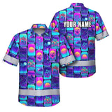 Hi Vis Hawaiian Shirt Reflective Tapes Gradient Violet Drink Tropical Cocktail Beer Print Custom Name Safety Workwear For Workers, Truckers, Operators