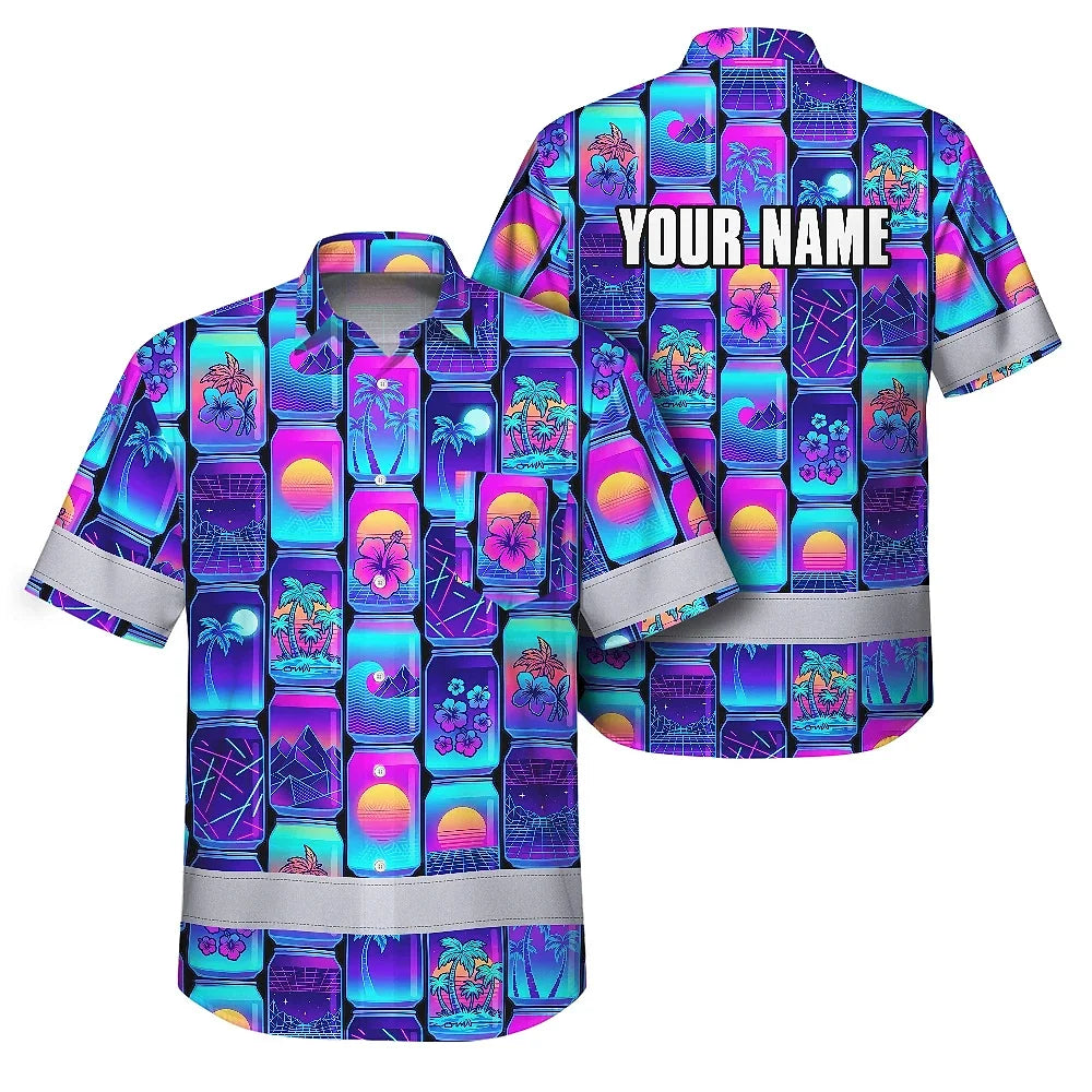 Hi Vis Hawaiian Shirt Reflective Tapes Gradient Violet Drink Tropical Cocktail Beer Print Custom Name Safety Workwear For Workers, Truckers, Operators