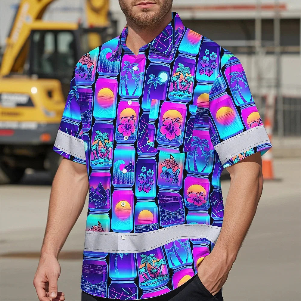 Hi Vis Hawaiian Shirt Reflective Tapes Gradient Violet Drink Tropical Cocktail Beer Print Custom Name Safety Workwear For Workers, Truckers, Operators