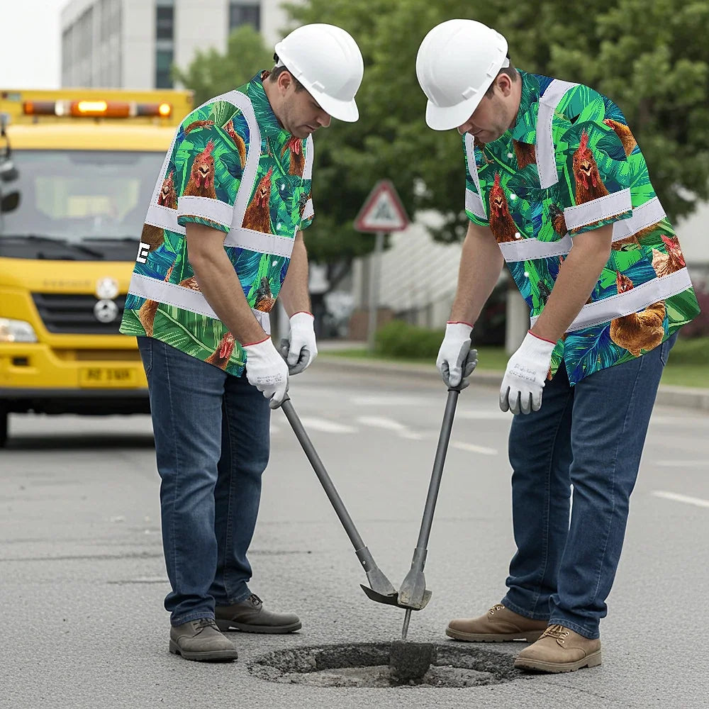 Hi Vis Hawaiian Shirt Reflective Tapes Green And Chicken Custom Name Safety Workwear For Workers, Truckers, Operators, Company