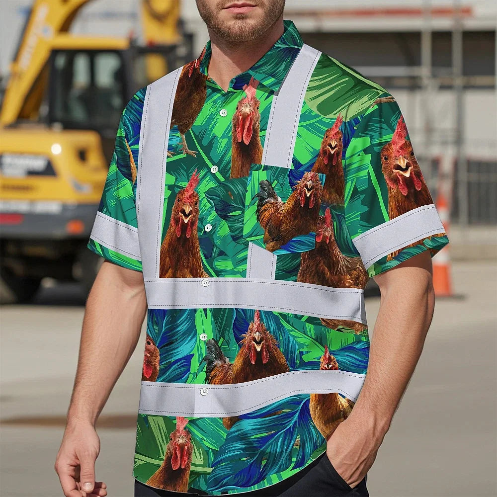 Hi Vis Hawaiian Shirt Reflective Tapes Green And Chicken Custom Name Safety Workwear For Workers, Truckers, Operators, Company