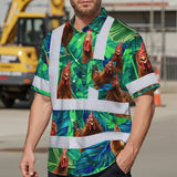 Hi Vis Hawaiian Shirt Reflective Tapes Green And Chicken Custom Name Safety Workwear For Workers, Truckers, Operators, Company