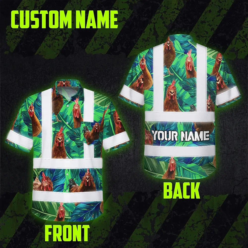 Hi Vis Hawaiian Shirt Reflective Tapes Green And Chicken Custom Name Safety Workwear For Workers, Truckers, Operators, Company
