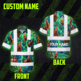 Hi Vis Hawaiian Shirt Reflective Tapes Green And Chicken Custom Name Safety Workwear For Workers, Truckers, Operators, Company