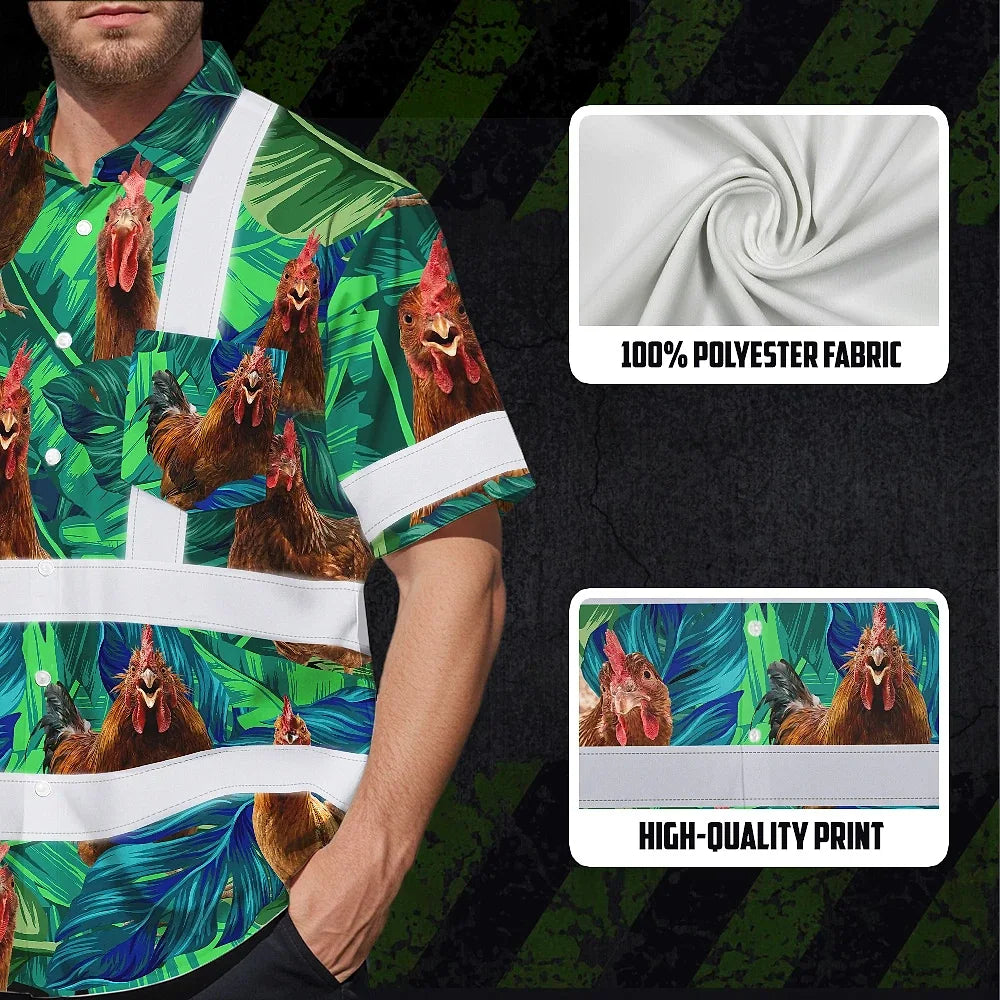 Hi Vis Hawaiian Shirt Reflective Tapes Green And Chicken Custom Name Safety Workwear For Workers, Truckers, Operators, Company