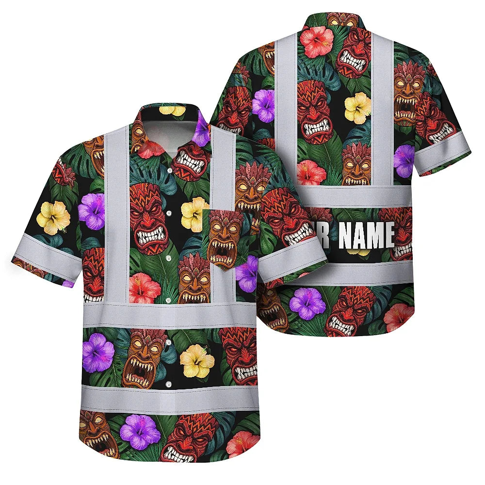 Hi Vis Hawaiian Shirt Reflective Tapes Green And Flower Tiki Custom Name Safety Workwear For Workers, Truckers, Operators